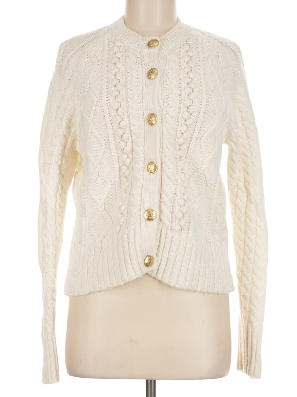 J. Crew Cable Knit Cardigan Sweater Size M Cream Gold Buttons Polished Office